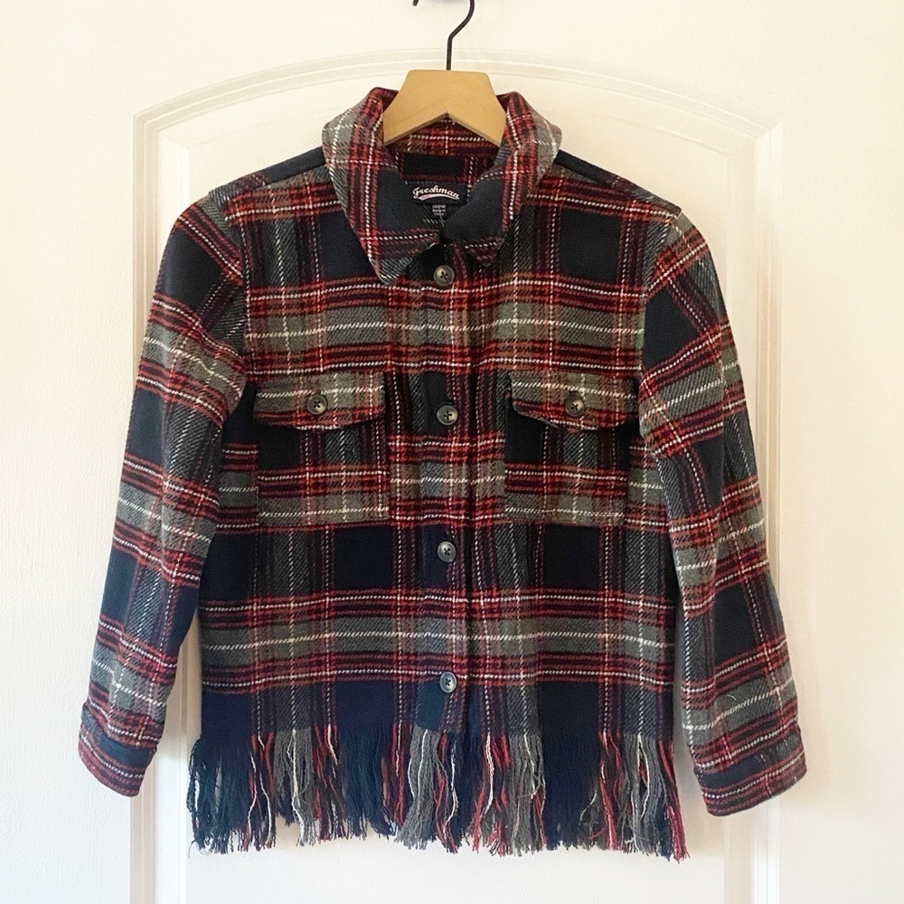 FRESHMAN Girls Flannel Plaid Fringe Trim Shacket NEW - Picture 5 of 8